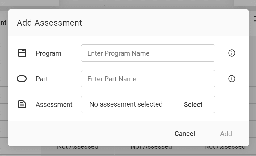 Add Program, Part, and Assessment Window