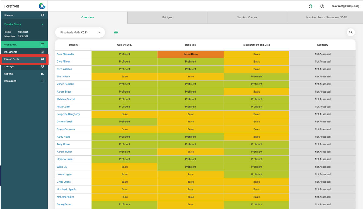 Report Cards side nav